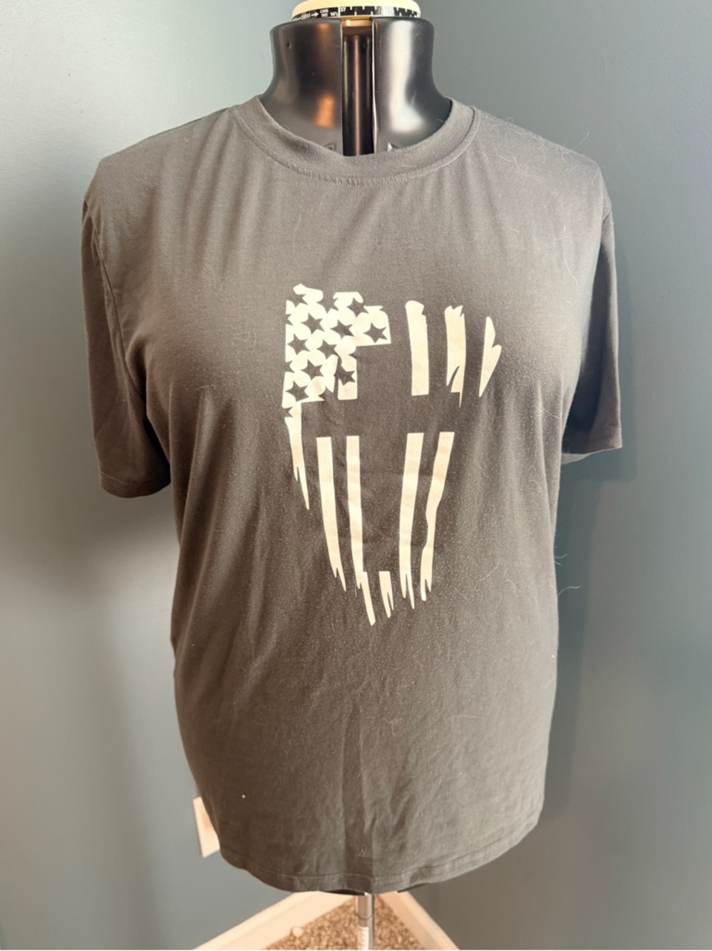 Black Short-Sleeve Tee with Distressed White Flag Graphic